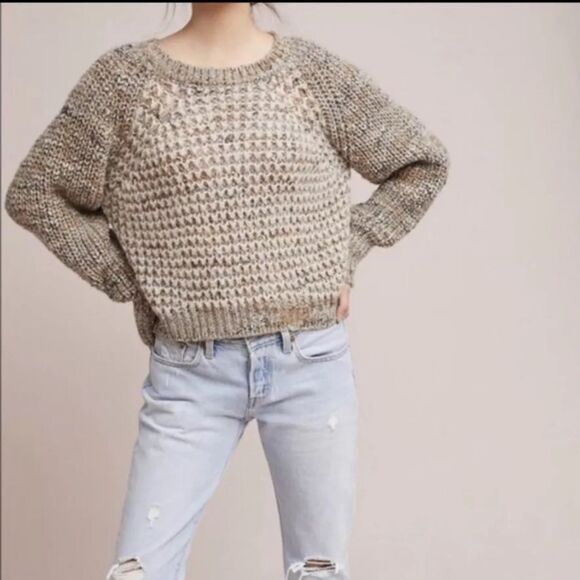 Anthropologie Moth Hillwalk Wool Mohair Oatmeal Chunky Sweater Size Medium - Picture 3 of 12